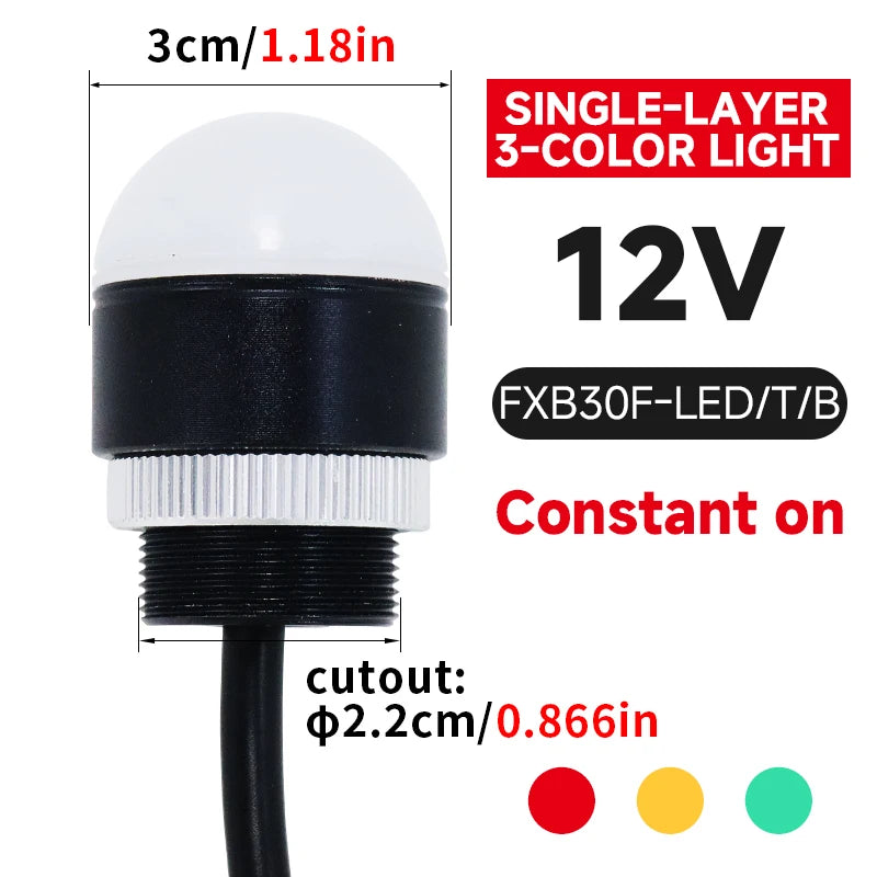30mm Mini Tri‑Color LED Warning Light 12V24V Waterproof Signal Indicator Lamp for CNC Machine Tool Equipment Industrial Machiner