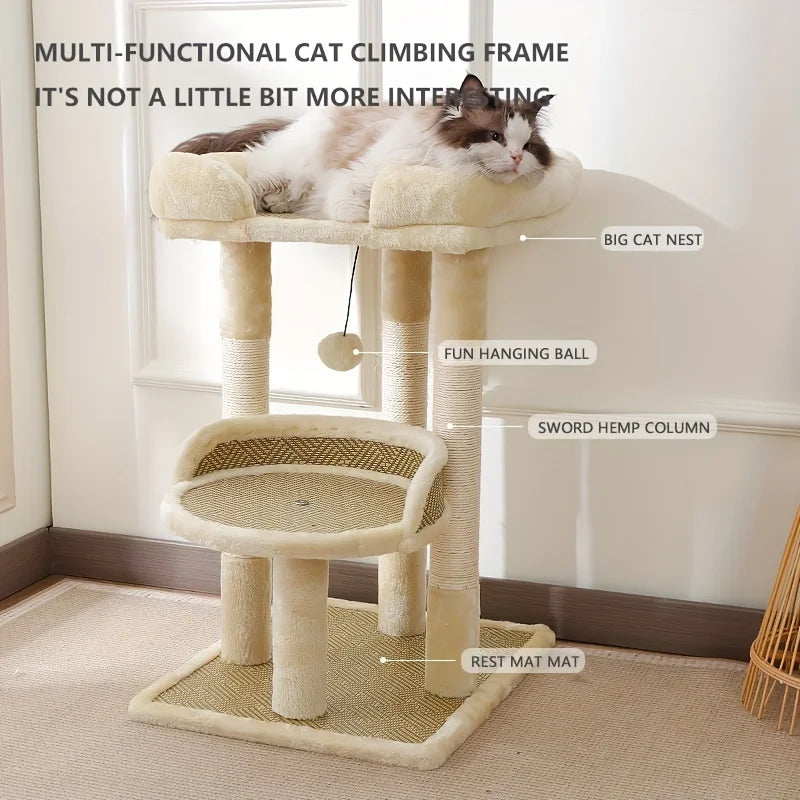2-Tier Luxury Cat Tree with Sisal Scratching Posts, Multi-Level Cat Tower with Plush Perches & Hanging Toys, Durable Activity