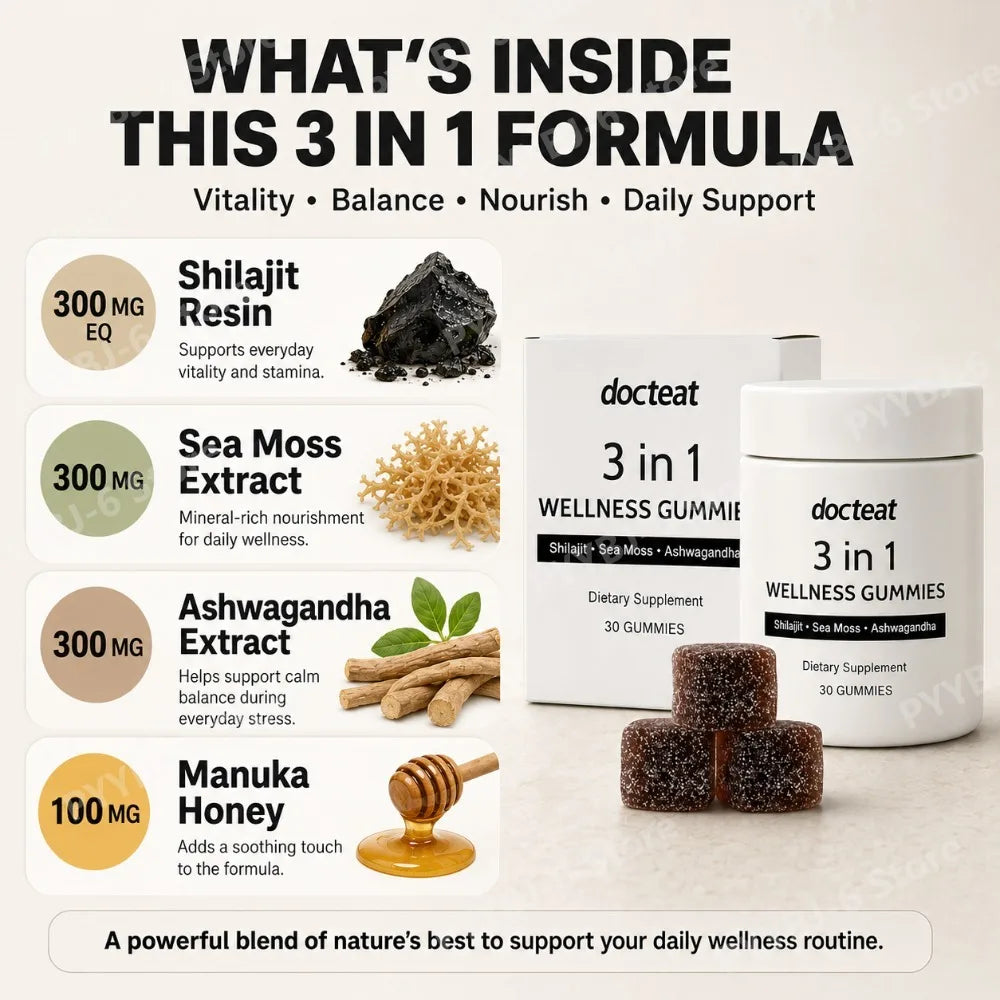 3 in 1 Wellness Gummies 30 Count Shilajit Sea Moss Ashwagandha Daily Energy Vitality Mood Immune Digestive Support Men Women