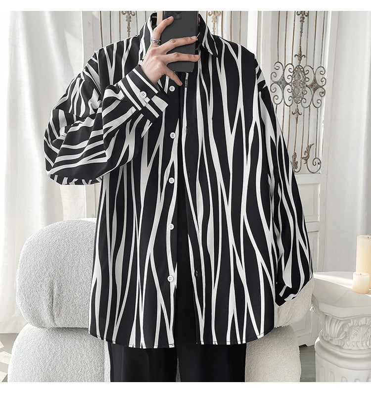 Men's Long Sleeve Striped Shirts Spring New Korean Button Up Shirt Unisex Fashion Casual Oversize Blouse Printed Clothing