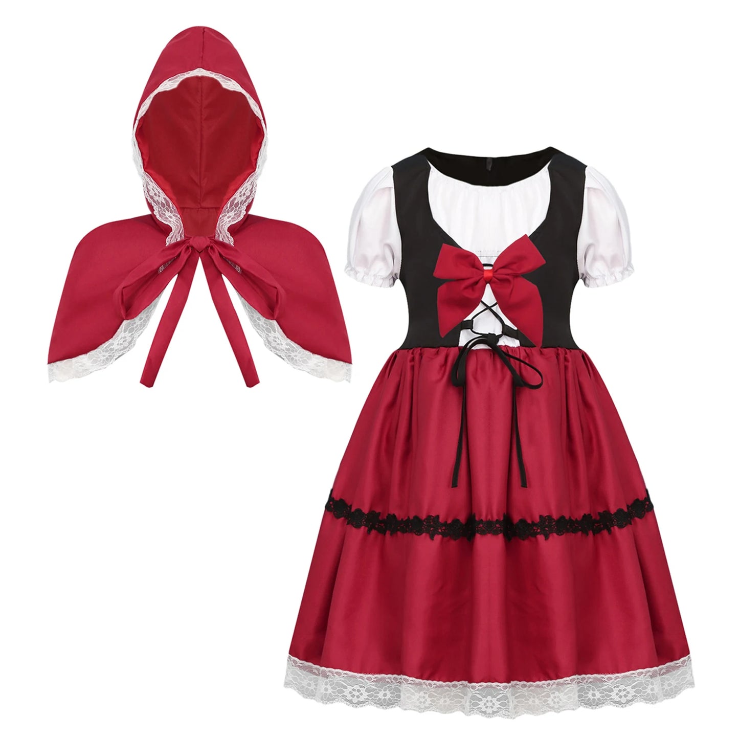 Kids Girls Halloween Cosplay Costume Puff Sleeve Lace Trim Red Hood Dress with Hooded Cape for Themed Party Roleplay Dress Up