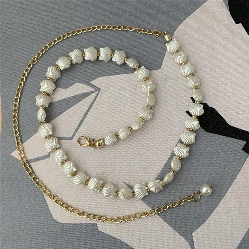 Shell Pearl Waist Chain Women Thin Metal Belt Dainty Body Jewelry Versatile Accessory for Dresses