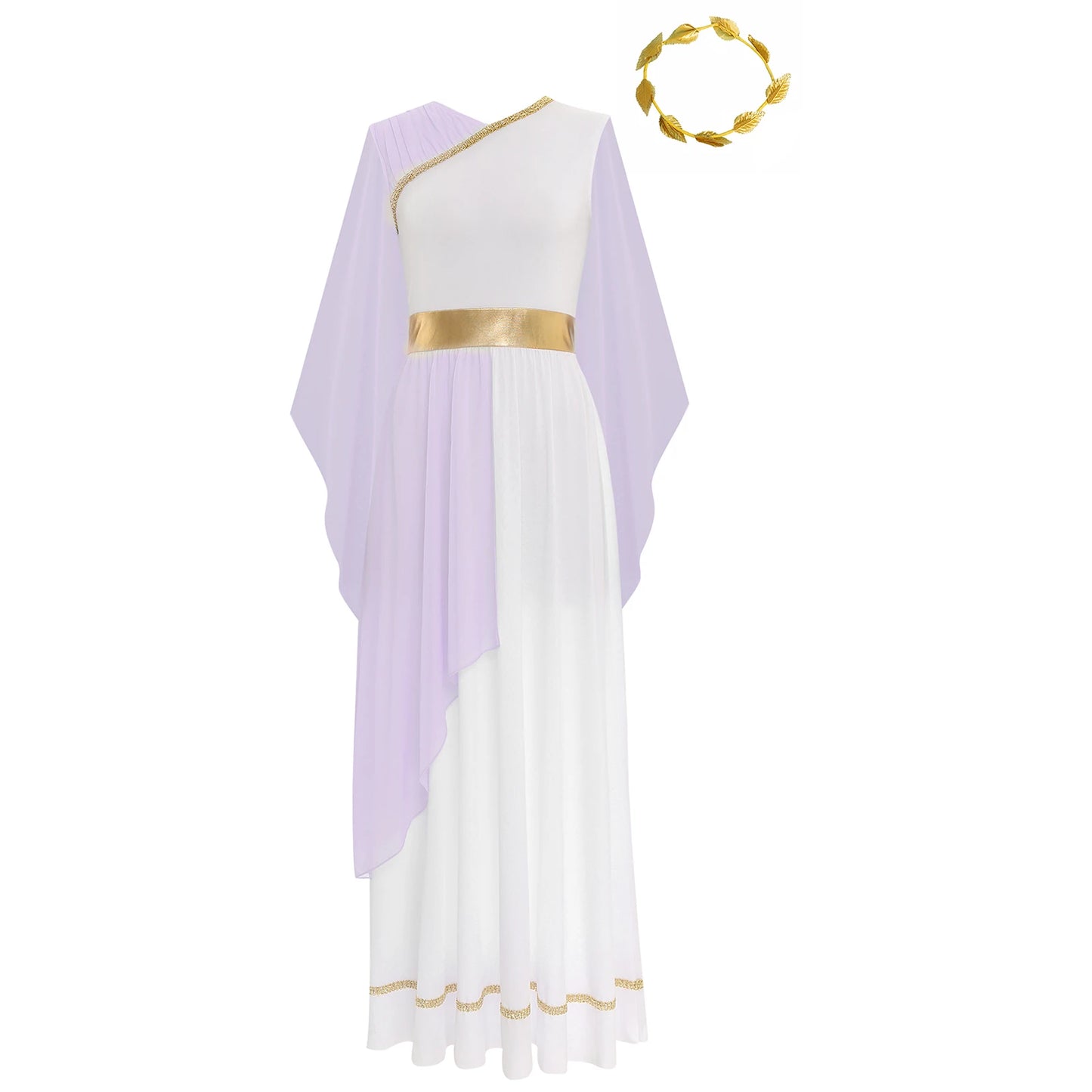 Womens Halloween Greek Beauty Carnival Cosplay Party Costumes Gold Leaves Garland Headwear And Cap Sleeve Ancient Toga Dress