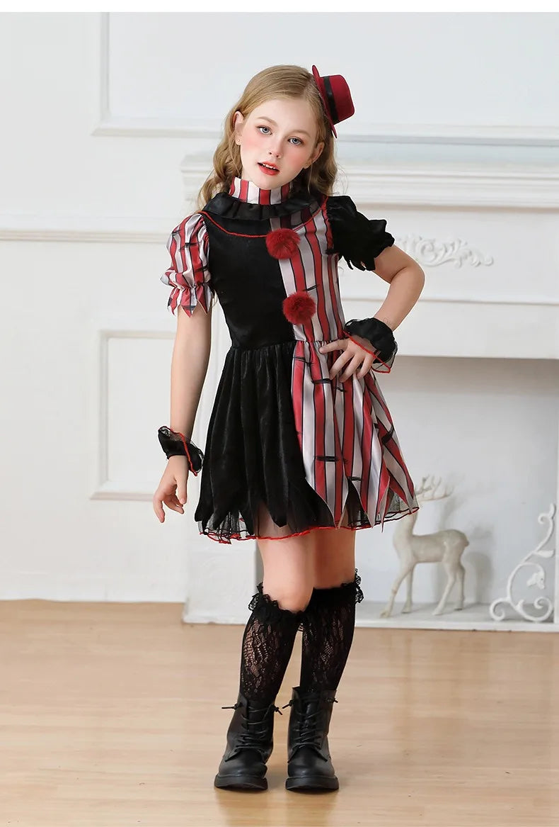 Halloween Cosplay Costumes Horror Clown Dresses Pants Headwear Clothes Sets Carnival Theme Party Role Playing Outfits for Girls