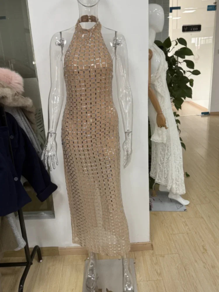 Sexy Lady Sequin Halter Maxi Dress Sleeveless O Neck Backless Party Long Robe 2026 Spring New Luxury Evening Dresses