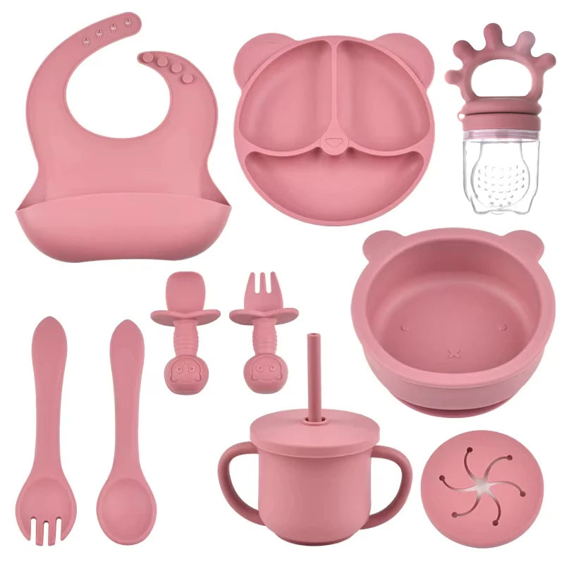 10pcs Children's Silicone Dinner Plate Set Strong Suction Anti-Fall Children's Eating Training Bowl Fork Spoon Feeding Tableware