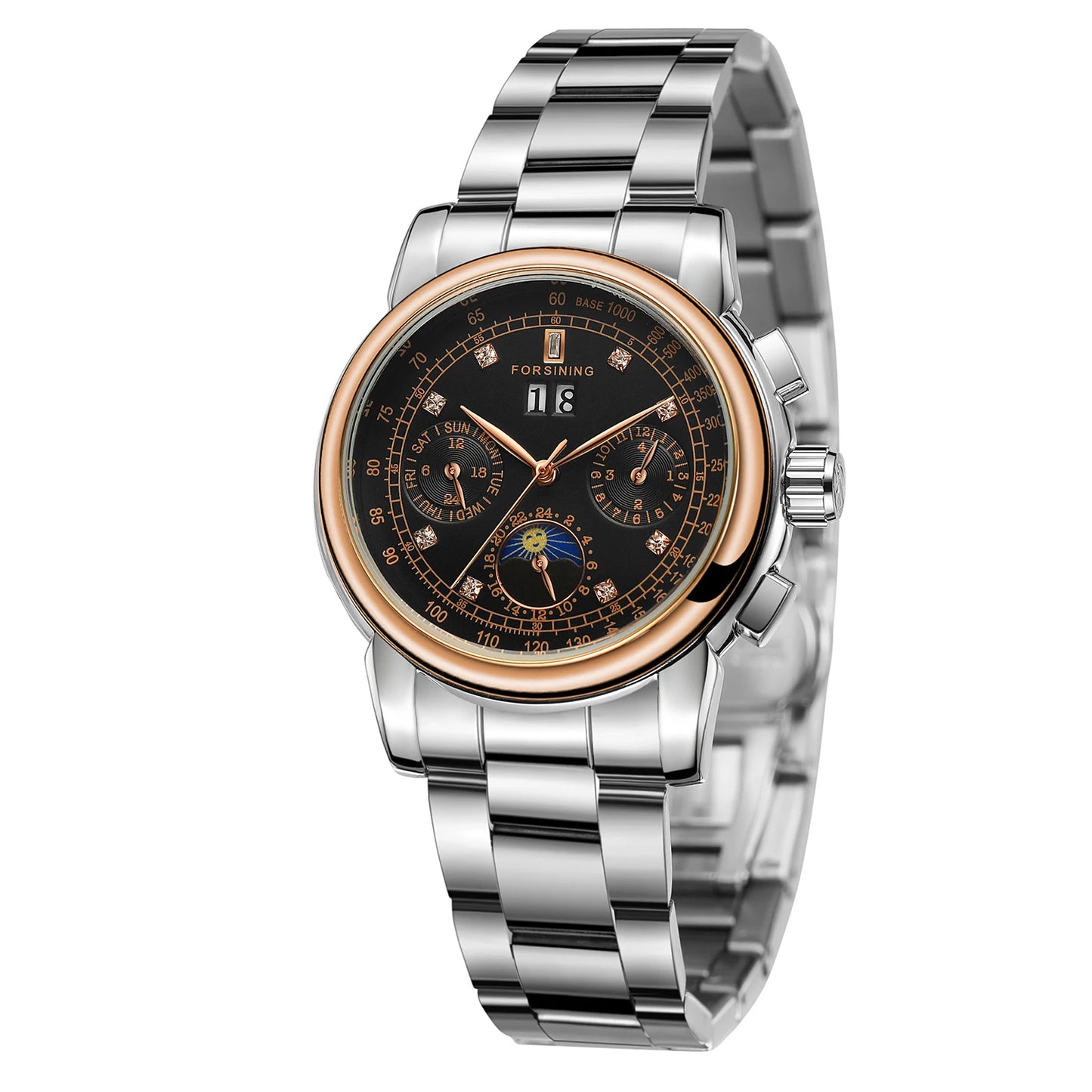 Forsining Fashion Ladies Stainless Steel Case Moon Phase Mechanical Watch Women's Multifunctional Diamond Dial Automatic Clock