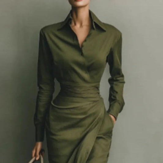 Elegant Dresses Woman Spring Polo Collar Button High Waist Slim Bodycon Dress Autumn Long Sleeve Solid Office Lady Dress Vestido
