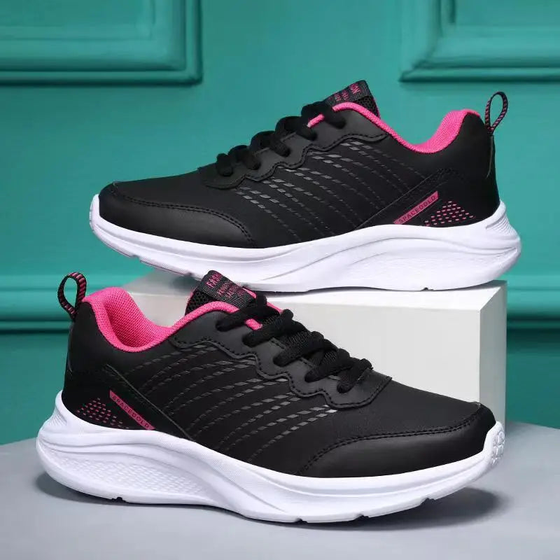 Waterproof Leather Chunky Sneakers for Women, Running Shoes, Casual Sports Shoes, Black Trainers, Autumn, Spring