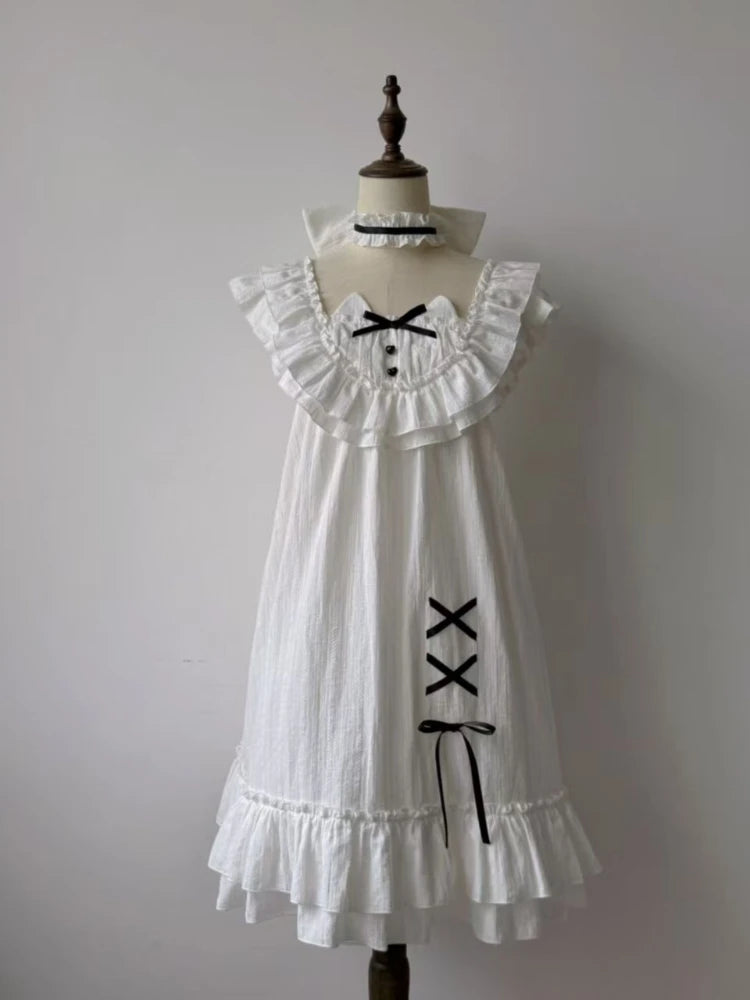 Summer Kawaii Casual Dress Women's Design Elegant Sweet Loose Patchwork Dresses Female Fashion Pretty Retro White Japanese Dress