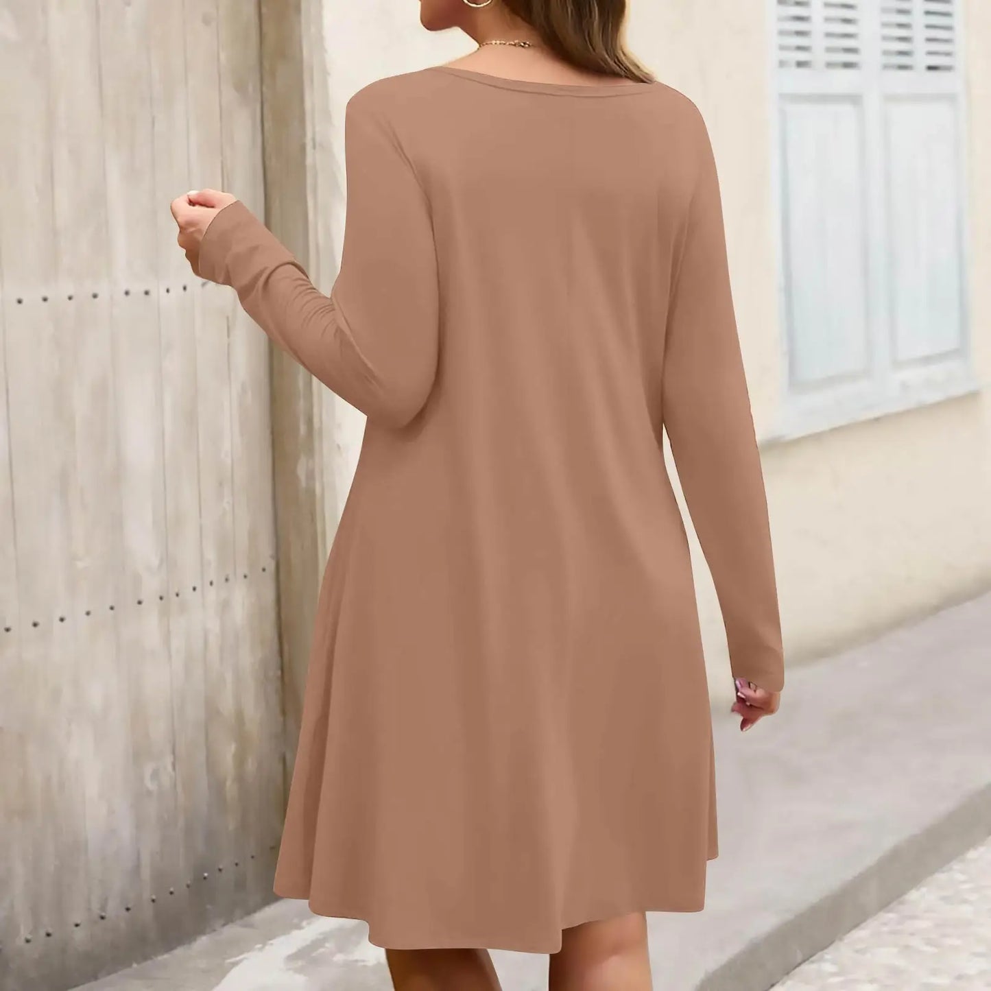Plus Size Dress for Women Solid-Colour Casual Dress Spring/Autumn Pocket Round Neck Long-Sleeved Dresses vestidos femenino