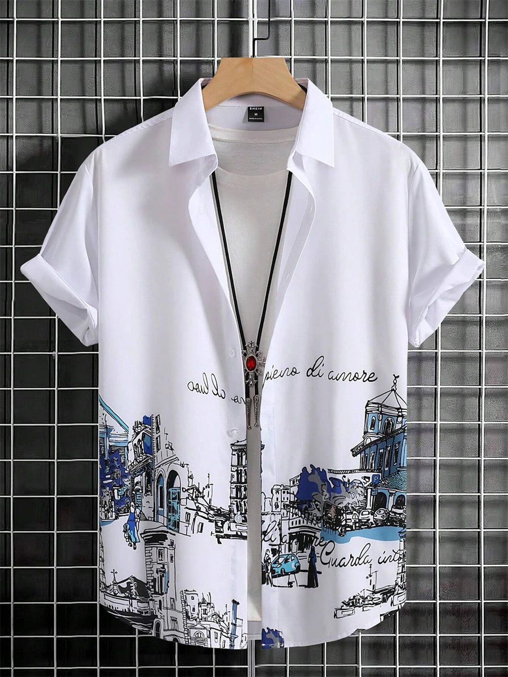 Men's Coconut Tree Graphic Print Short Sleeve Lapel Shirt Tops Men's Casual Button down Shirts Clothing Versatile Shirts