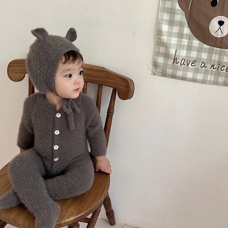 Newborn Baby Mink Fur Romper with Hood Cute Bear Animal Ear Footed Onesie Winter Warm Jumpsuit for 0-2 Years