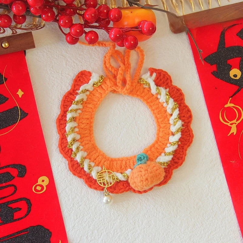 New Year Cat Collar Pet Cat Dog Scarfs Crocheted Kitten Puppy Collar Spring Festival Cat Cosplay Costume Pet Accessiories