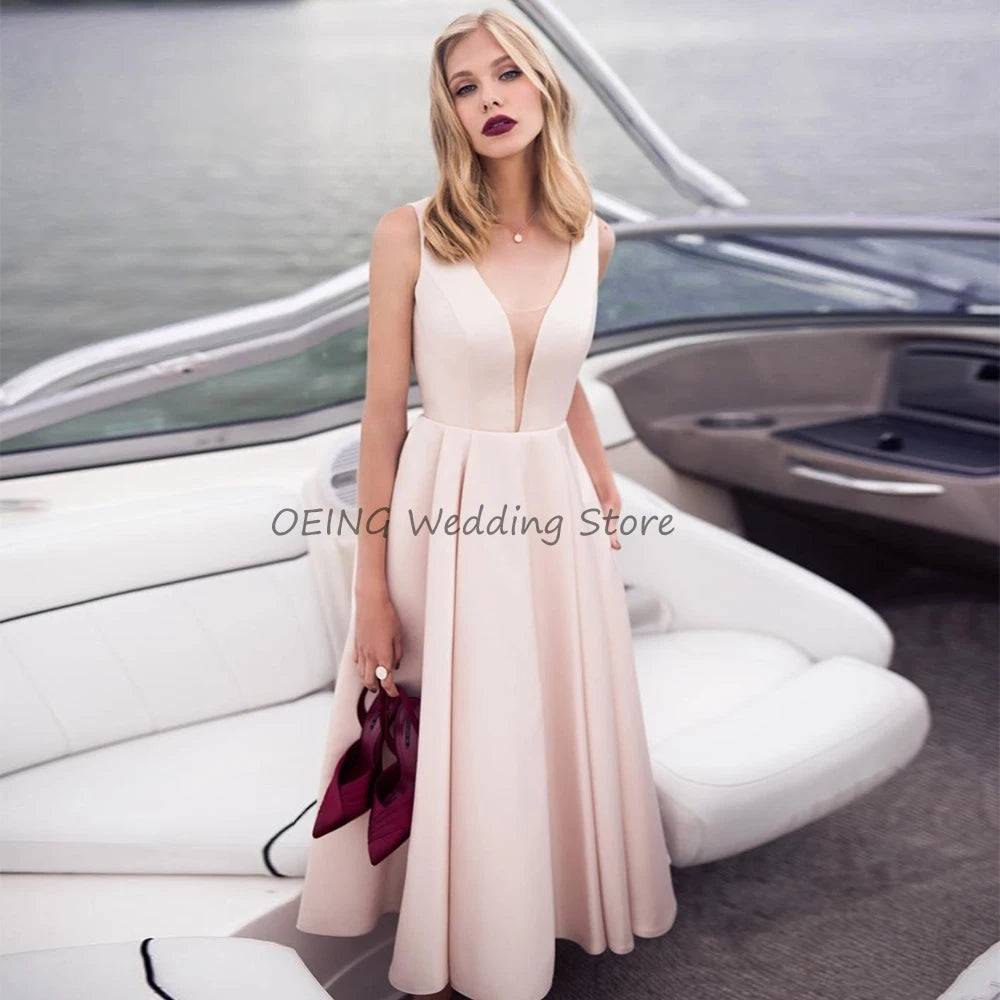 Simple Pearl Pink Bridal Dress A Line Ankle Length Deep V Neck Sexy Bridal Gown Backless Zipper Up Sleeveless Short Wedding Gown