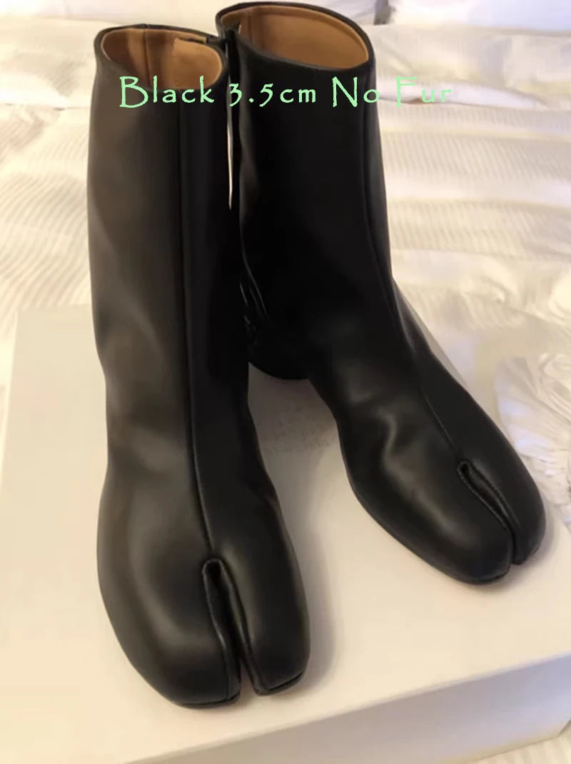 Split Toe Chunky Heels Ankle Boots Women Brand Designer Tabi Short Boots Autumn Winter INS Style Genuine Leather Female Shoes
