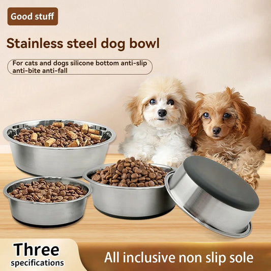 Stainless steel dog bowl, three sizes, with silicone anti slip bottom, durable dog bowl, suitable for small, medium and large