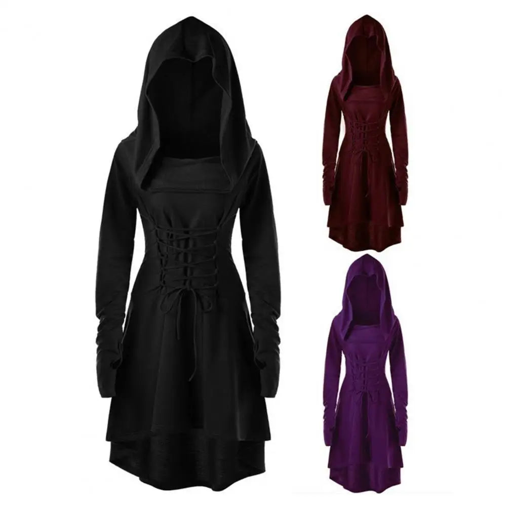Women Milk Silk Dress Hooded Long Sleeves Lace-up Strap Slim Waist Irregular Hem Women Midi Dress Festival Party Halloween Dress