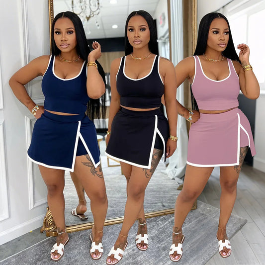 Contrast Tennis Skirt 2 Pieces Set for Woman 2025 Summer Outfits Tank Top and Skort Suit Active Sexy Matching Two Piece Sets