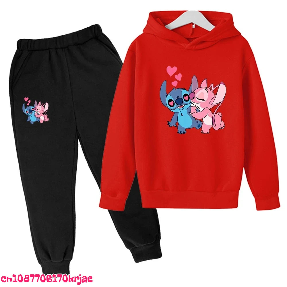 2025 Stitch Children's Hoodie Clothing Leisure Outerwear Black Sweatshirt +pants Set Suitable 3-12 Years Boys Girls Gift Spring