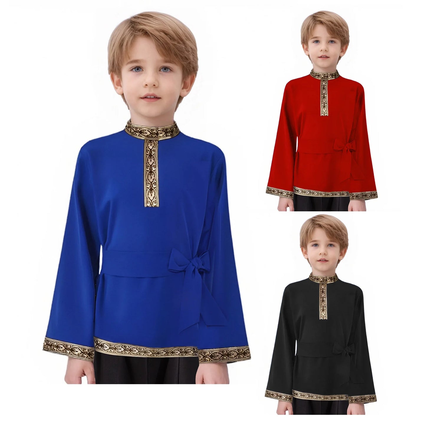 Teen Boys Girls Traditional Russian Folk Costume Halloween Medieval Renaissance Cosplay Fancy Vintage Pattern Shirts with Belt