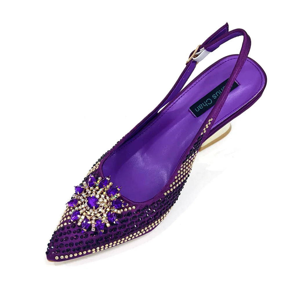 2024 New Designer Specials Italian Women Heels Shoes and Bag Set Royal Purple Color Comfortable With Rhinestone for Party