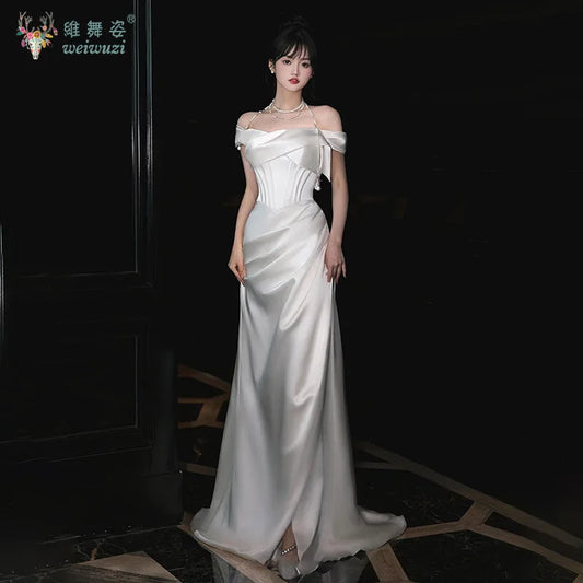 French Style Luxury Pleat Satin Strapless Light Wedding Bridal Dress Off-Shoulder Light Wedding Dress Birthday Party Prom Gowns