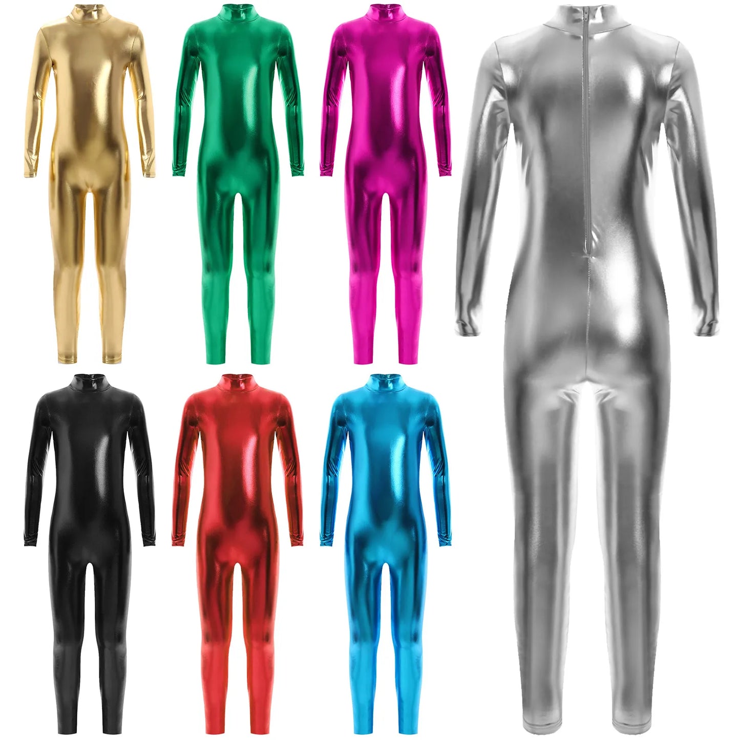 Kids Boys Girls Dance Metallic Jumpsuit Children's Gymnastics Bodysuit Performance Costume Long Sleeve Full Length Leotard