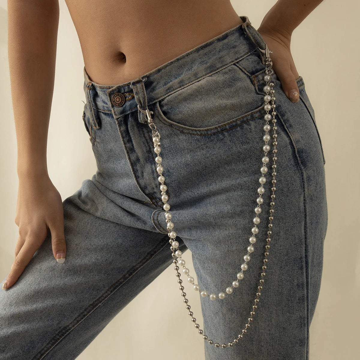 Round Cute White Pearl Belly Chain for Women Trousers Hipster Pant Jean Resin Keychain Ring Clip Tassel Art Accessory