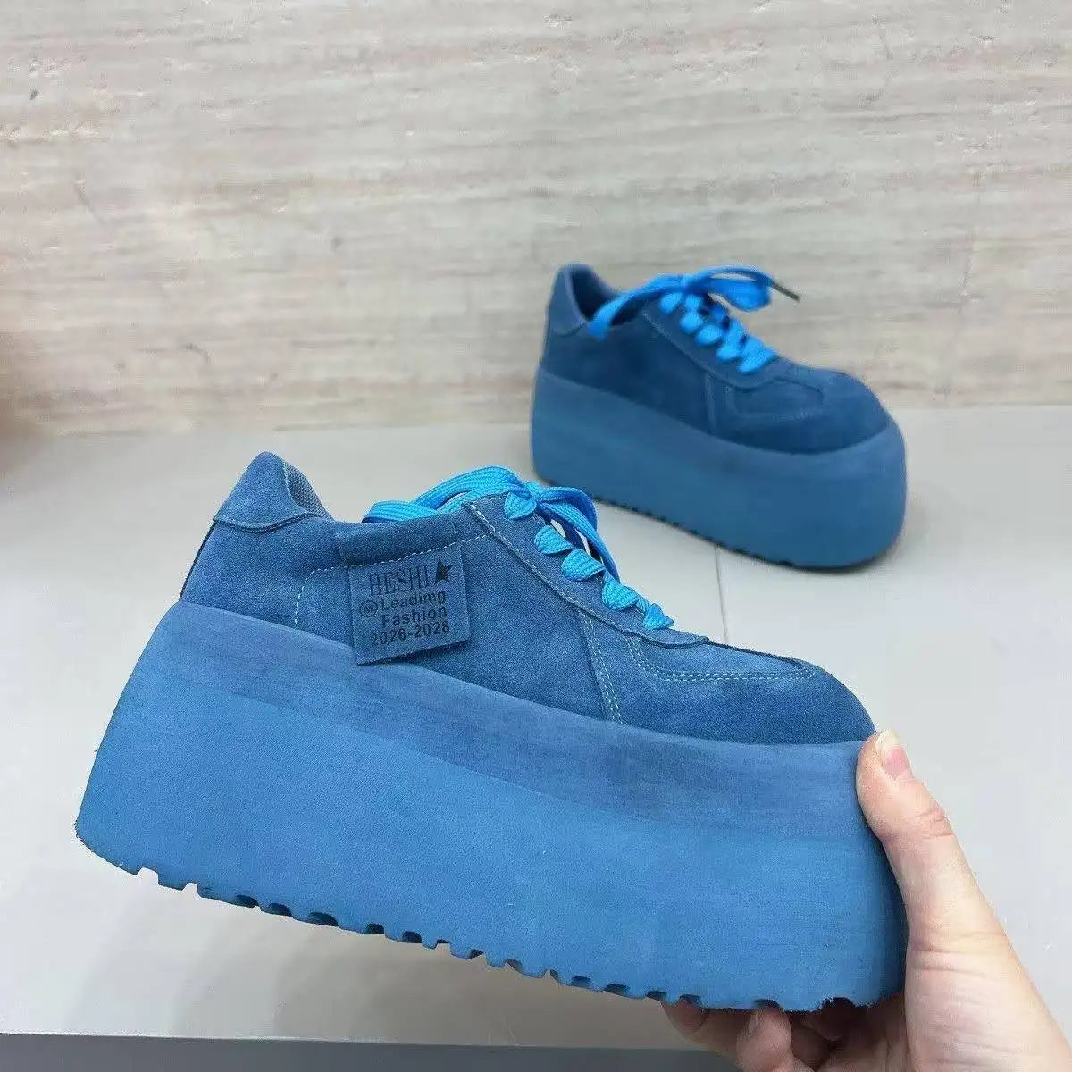 Spliced Platform Sneakers Spring New Round Toe Lace-Up Non-Slip Heightened Low-Top Single