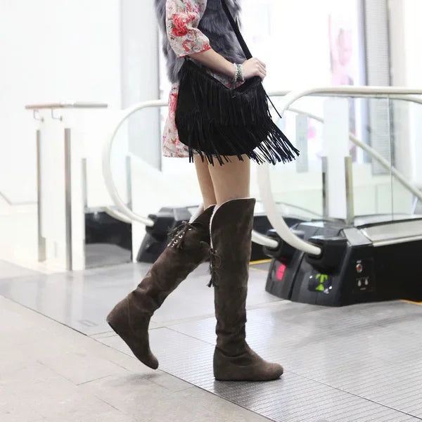 Sexy Womens Boots Faux Suede Over The Knee Flat Warm Boots Comfortable Thigh High Boots Lace-up Woman Winter Shoes High Quality