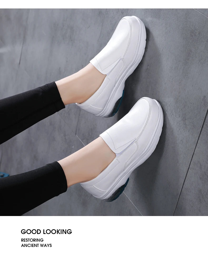 Professional White Leather Hospital Work Shoes Four Seasons Comfortable Breathable Nurse Shoes Women's Thick Base Single Shoes