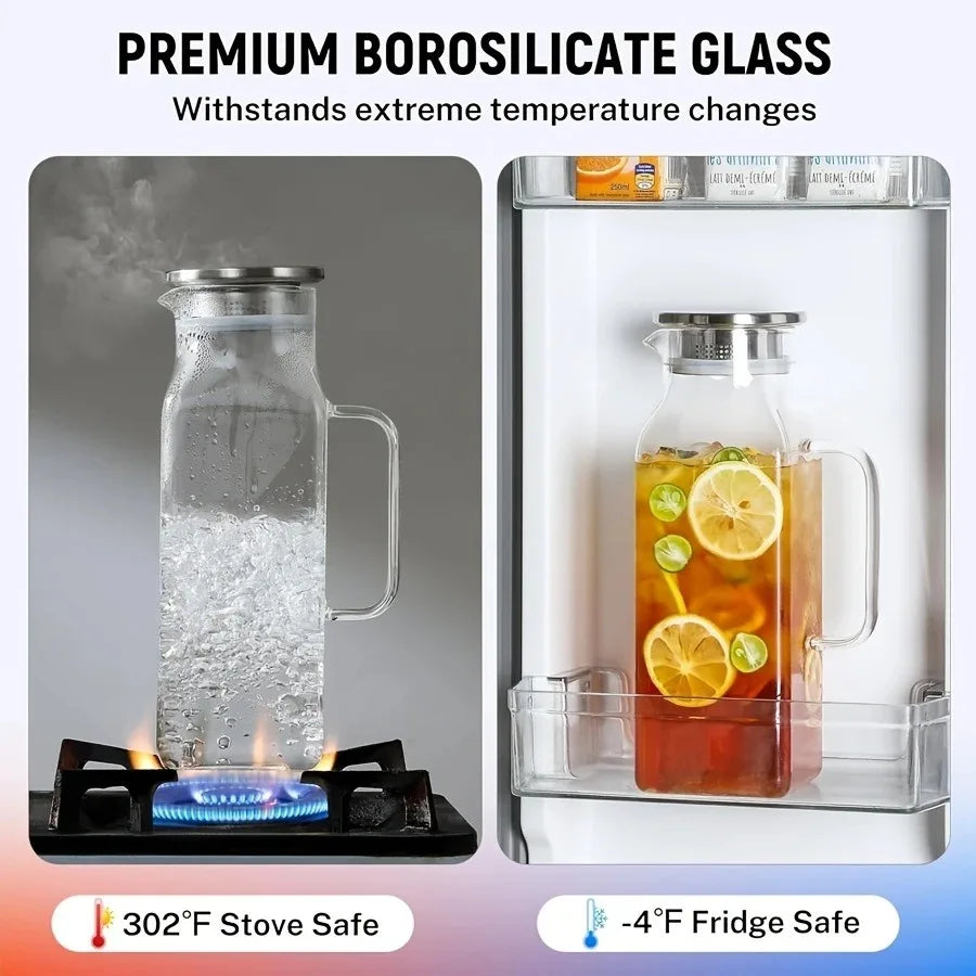 JUSTINLAU 1.2/2L Cold Water Jug High Borosilicate Glass Water Pitcher for Steamed Juice Fruit& Iced Tea Home Kitchen Accessories