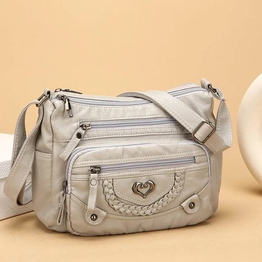 Soft Leather Crossbody Bags Solid Color Multi-Pocket Women Messenger Bag Heart Decoration Ladies Shoulder Bags for Daily Use