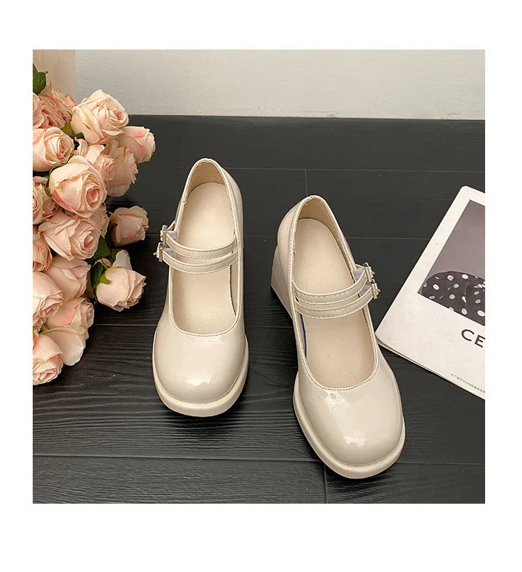 Women Chunky Heels Mary Jane Shoes Princess Spring New Fashion Platform Comfortable Black Soft Anti-slippery Dress Leather Shoes