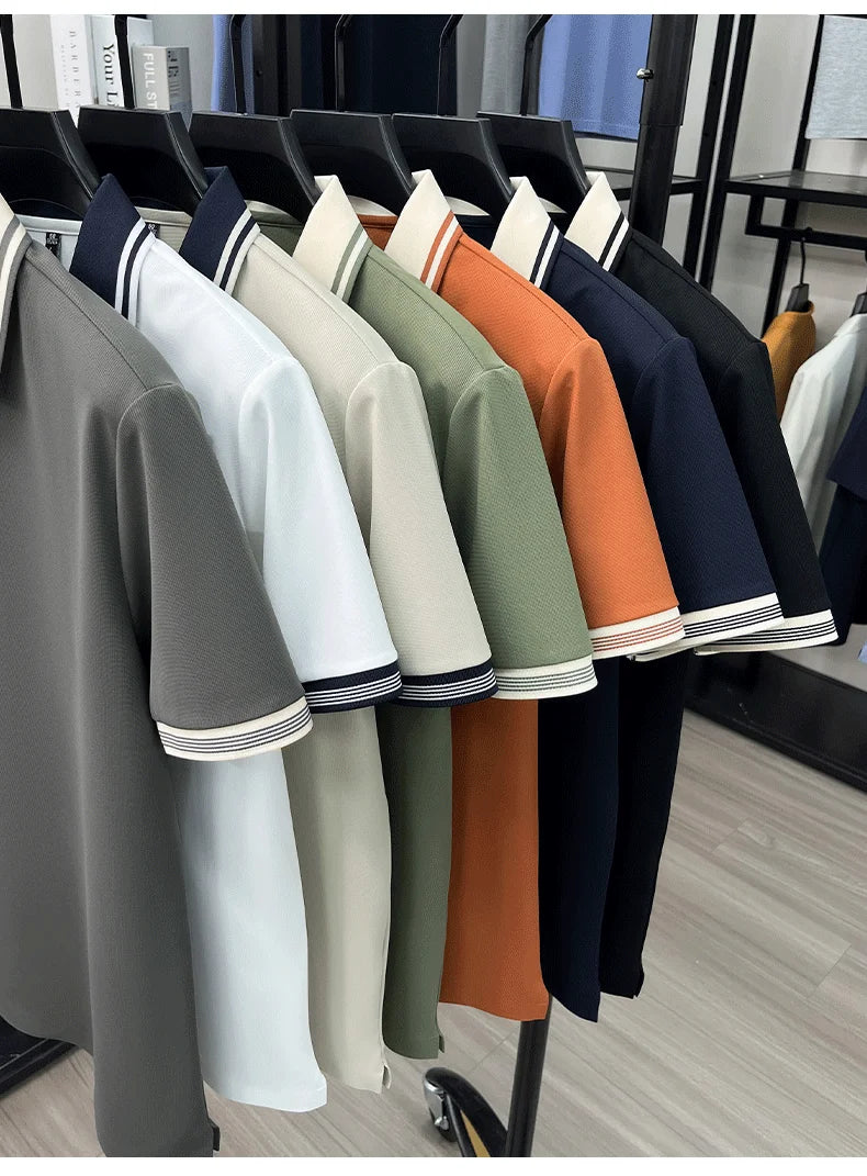 Light luxury summer new short sleeve polo shirt silky breathable high-end men's fashion personalized color blocked lapel T-shirt