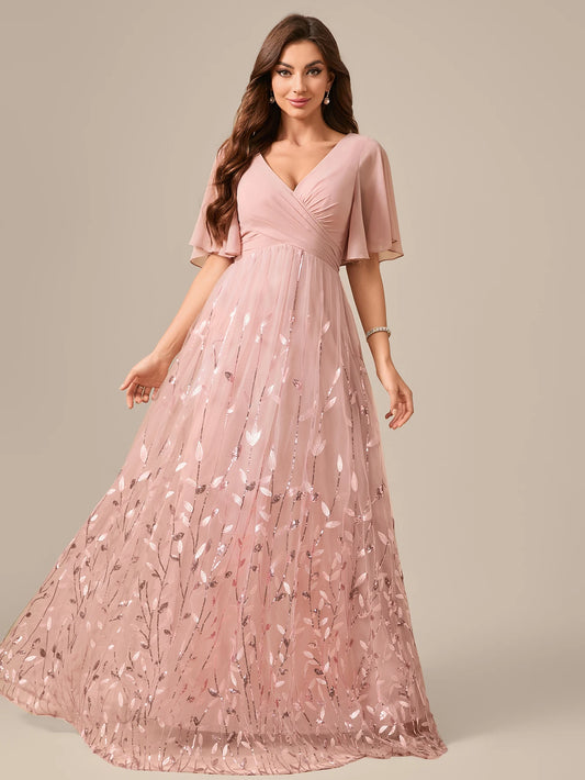 UNITHORSE Random Cutting V-neck Lace-Trimmed Sleeves Chest Pleats Leaf Pattern Tulle Patchwork Evening Dress