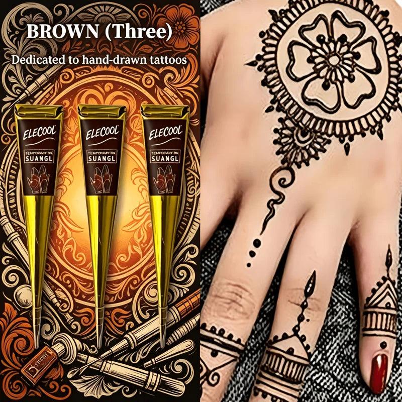 SUANGL Temporary Henna Tattoo Kit 3 Colors Black Brown Red with Stencils for Beginners Professionals Party Gift Set