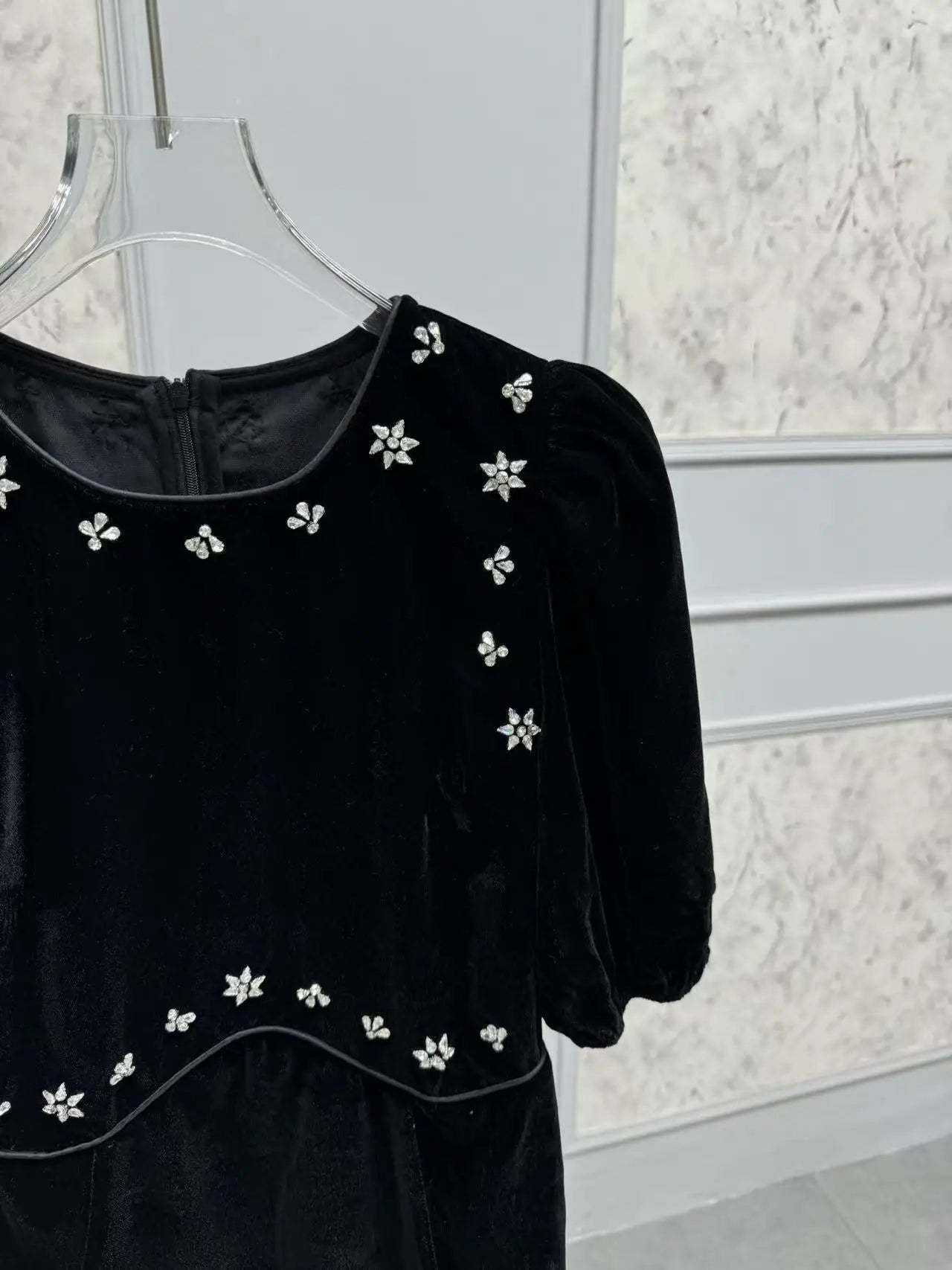 Handmade Nail Beaded Women Velvet Midi Dress Puff Sleeve Slim Waist Female Elegant Evening Dresss Spring Summer