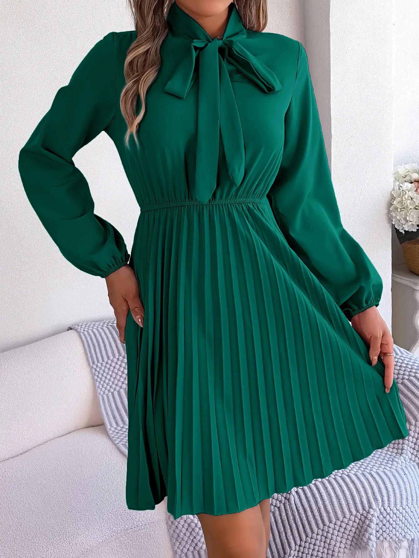 Women Fall Vacation Elegance V Neck Solid Tie Waist Ruffle Hem Pleated Midi Dress Long Sleeve Wedding Dress