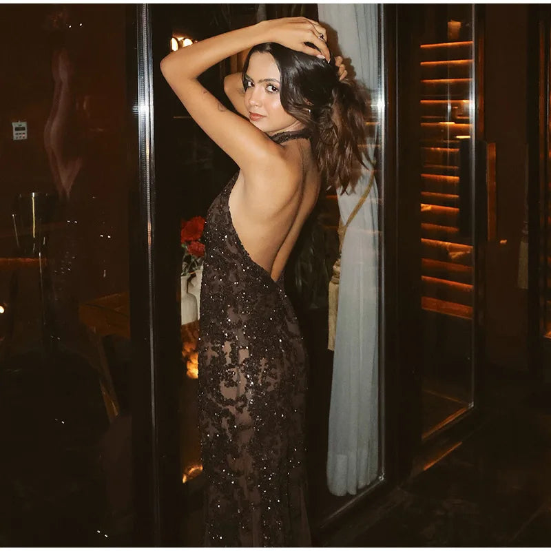 Elegant Sequin Maxi Evening Dress Halter Neck Open Back Women's Formal Party Prom Gown Sparkling Festival Female Long Dresses