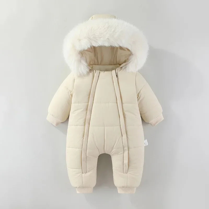 Newborn Baby Winter Snowsuit Furry Hooded Double Zipper Boys Girls Cotton Padded Jumpsuit 0-2Y Kids Warm Outwear Romper