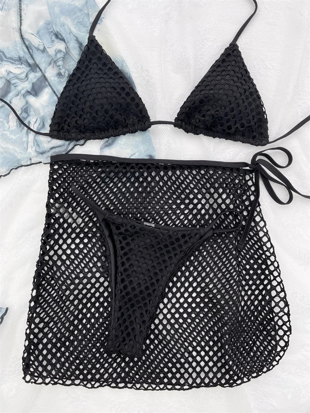 Sexy Mesh Bikini Thong Hollow Out Y2K Swimsuit Women Backless Cover Up Halter Swimwear 3 Piece Beach Outfit Bikinis Bathing Suit