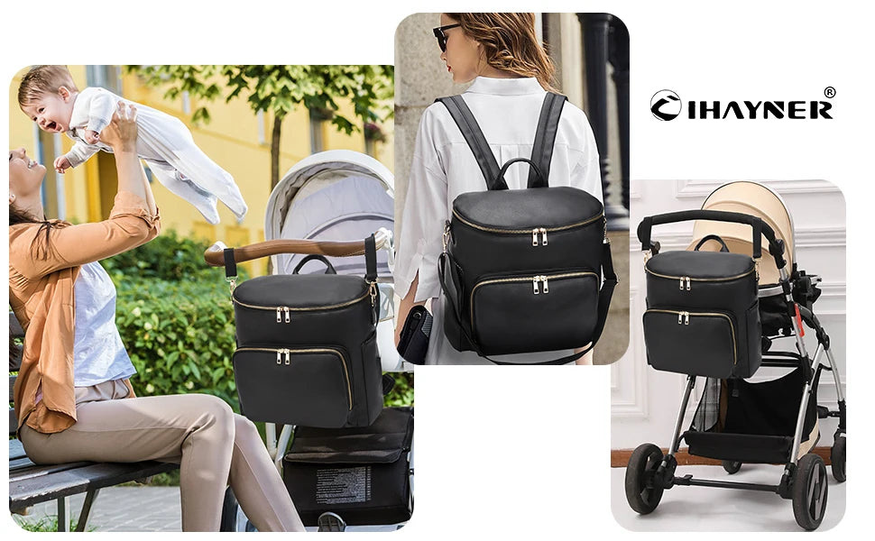 Diaper Bag Backpack Leather Backpack for Women Travel Backpack Baby Bag Large with Troller Straps Capacity for Wet Clothes