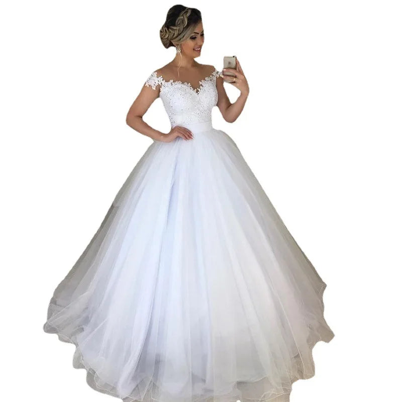 Fashionable Slim Fit V-Neck Lace Trimmer Wedding Dress with Train Elegant Style Polyester Fabric High Waist Long A- Line Skirt