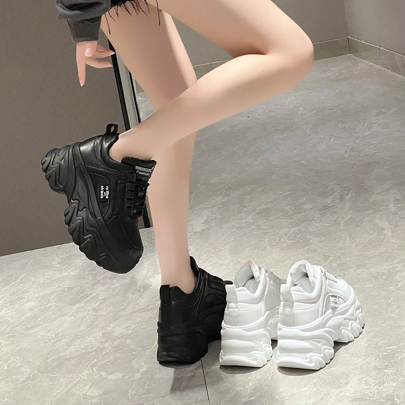 White Black Chunky Sneakers Women Spring Autumn Thick Bottom Dad Shoes Woman Fashion PU Leather Platform Sneakers Ladies Tennis