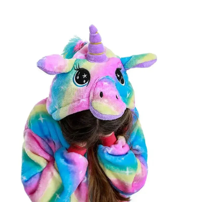 4 6 8 10 12 Years Girls Black Cat Jumpsuits Unicorn Pajamas Kigurumi Toddler Kids Hooded Flannel Home Wear Children Onesie