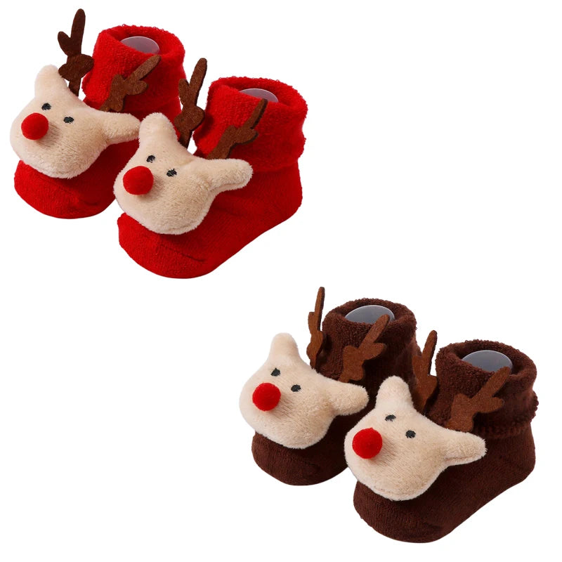 2 Pairs Kids Cotton Socks for Girls Boys Non-slip Toddler Baby Christmas Socks for Newborn Winter Warm New Year Infant Socks