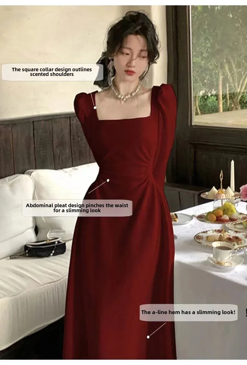 Red Long Sleeve Dress Wedding Dress Spring Autumn French Style Engagement Party Drinking Ceremony Bridal Gown Everyday Wear