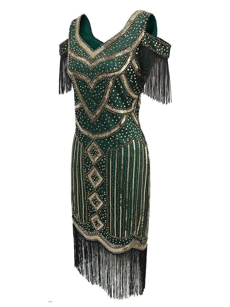 Women Fringe 1920s Flapper Dress 20s Gatsby Themed Party Dress Vintage V-neck Off Shoulder Sequin Beaded Cocktail Dress